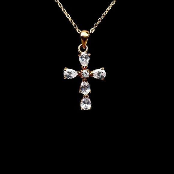 Cross Pendant Necklace Rhinestones Open Back Delicate Goldtone Chain Elegant 15" - Picture 5 of 15